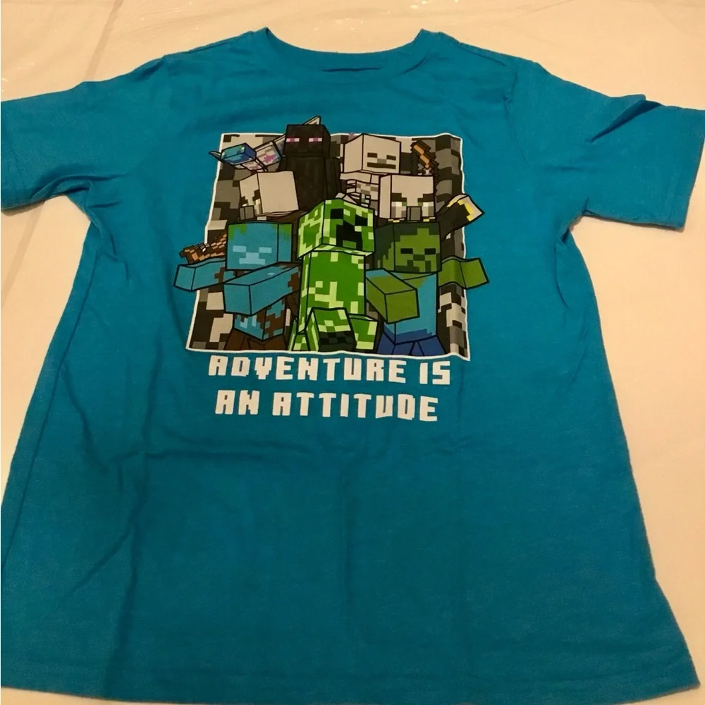 Boys Minecraft Creeper Short Sleeve T-shirt Blue Large